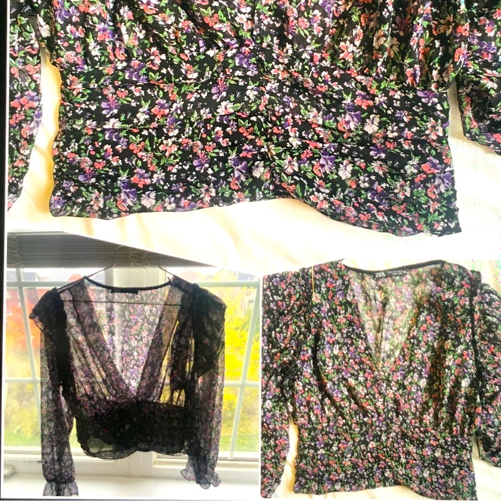 Zara Black Sheer Floral Ruffle Blouse V Neck Side Zip Long Sleeve Small